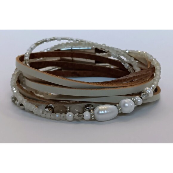 Brown & Taupe Leather Multi Strand Beaded Magnetic Clasp Bracelet - Picture 1 of 8
